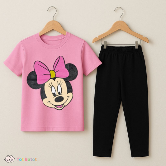 Minnie Bow Pajama Set for Girls – Pink Cartoon Tee & Black Leggings