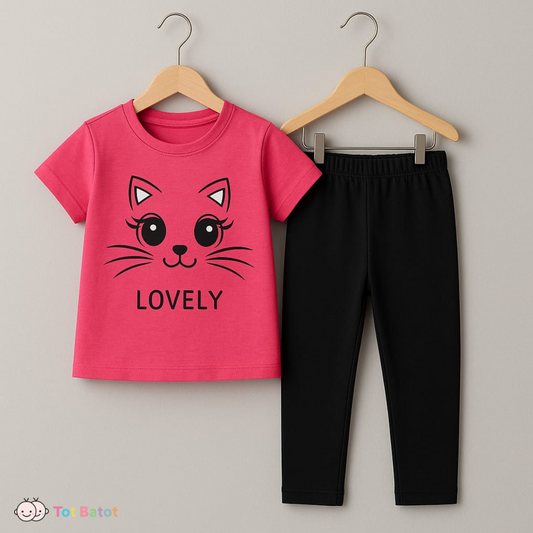Lovely Cat Pajama Set for Girls – Pink Tee & Black Leggings