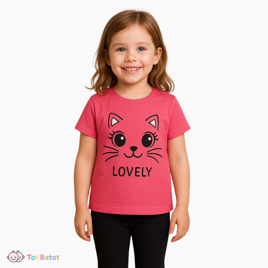 Lovely Cat Pajama Set for Girls – Pink Tee & Black Leggings