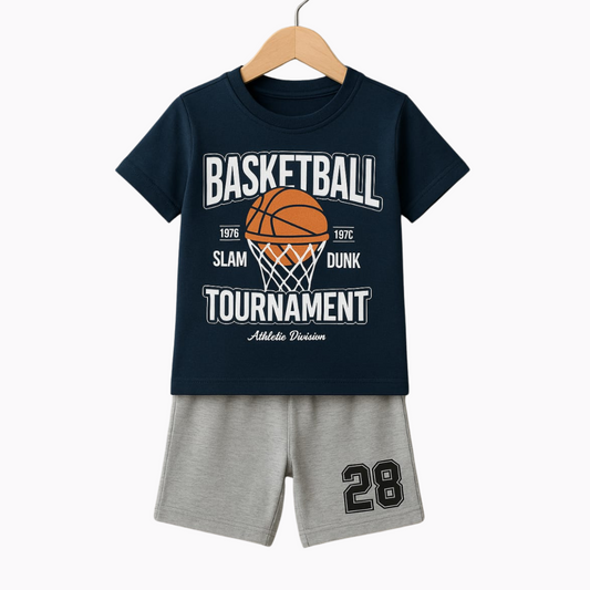 SLAM DUNK SET – Navy Basketball Tee & Grey Shorts for Future MVPs (Soft Cotton)