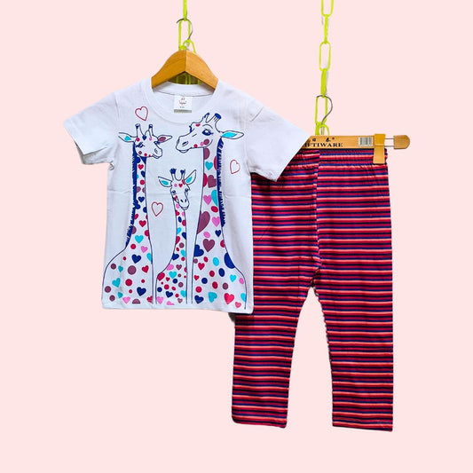 Love Giraffes – Adorable Kids' tshirt with maroon stripped Pajama Set