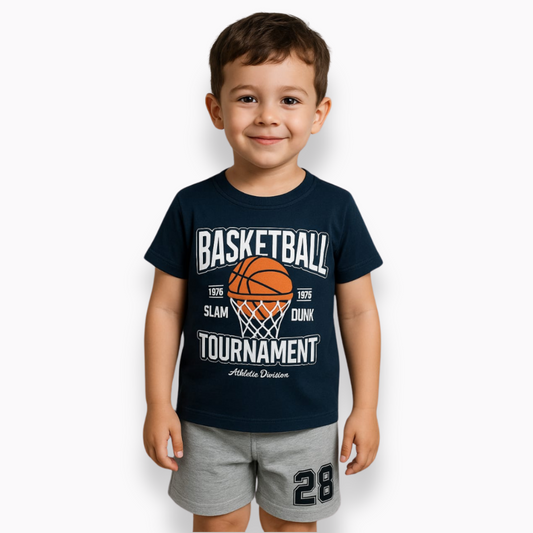 SLAM DUNK SET – Navy Basketball Tee & Grey Shorts for Future MVPs (Soft Cotton)