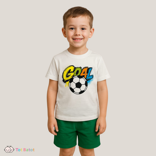 Goal Soccer Set for Boys – White Sports Tee & Green Shorts