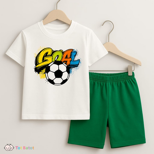 Goal Soccer Set for Boys – White Sports Tee & Green Shorts