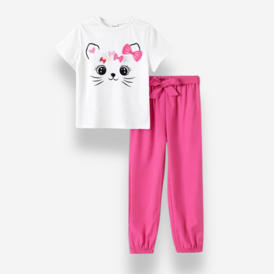 Cute Cat White Pink tshirt pajama set for Girls
