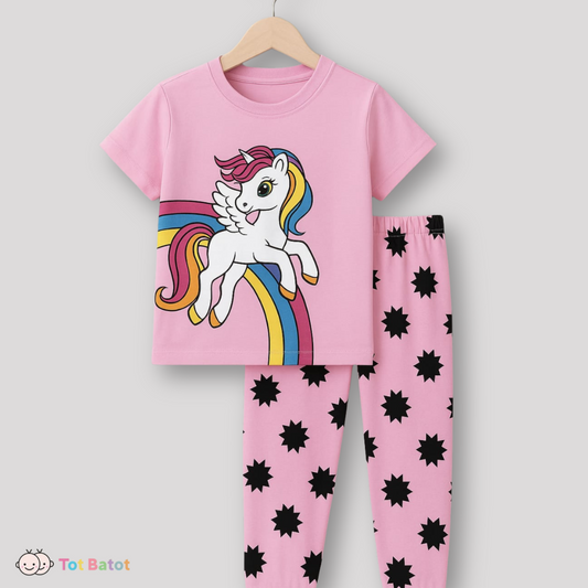 Pink unicorn pajama set for girls – rainbow print t-shirt and black star leggings by Tot Batot
