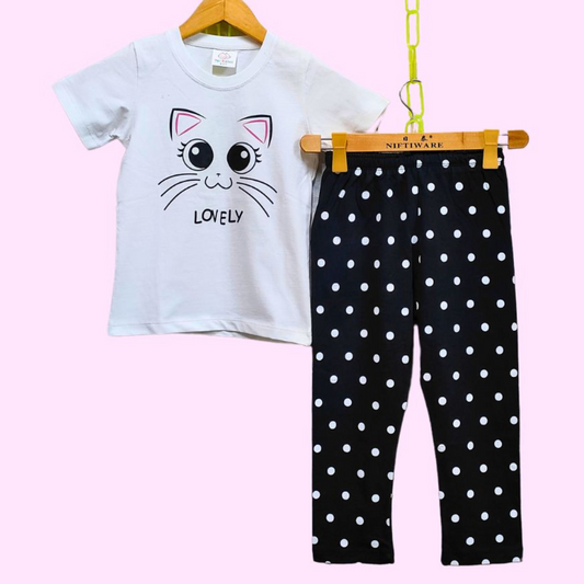 Cute Cat White Black tshirt pajama set for Girls