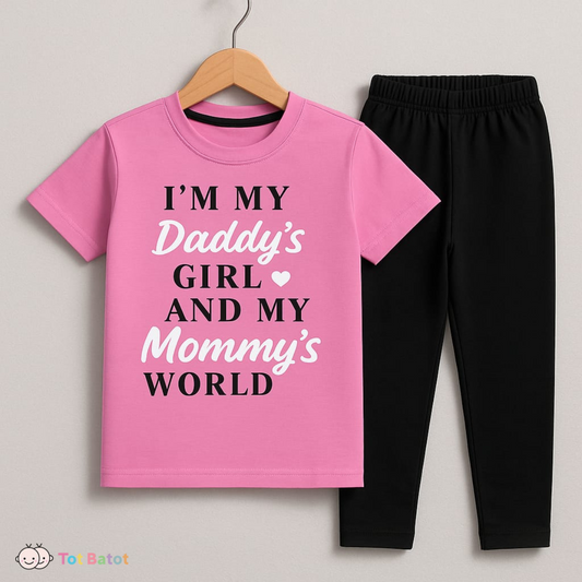 Daddy’s Girl Mommy’s World Pajama Set – Pink Quote Tee & Black Leggings