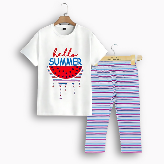 Hello Summer Watermelon T-Shirt & Striped Pajama Set