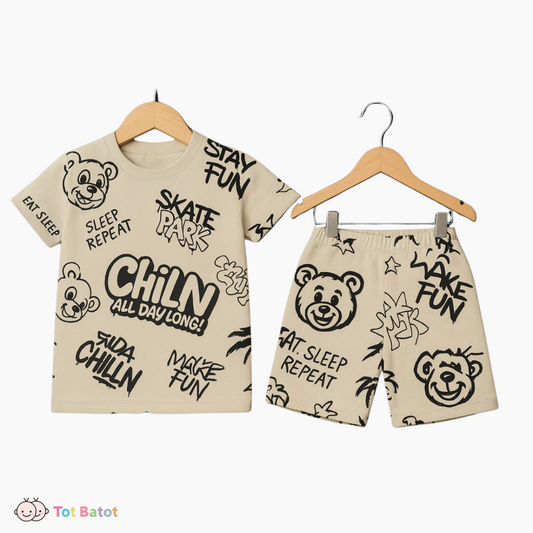 CHILLN ALL DAY SET – Graphic Cartoon Co-Ord for Kids (Eat. Sleep. Flex.)