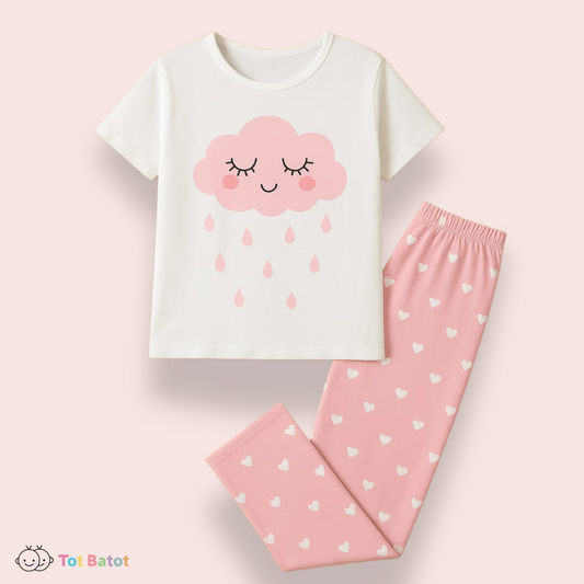 Dream Drip – Soft Cotton Pink Cloud Pajama Set for Girls (Heart Edition)